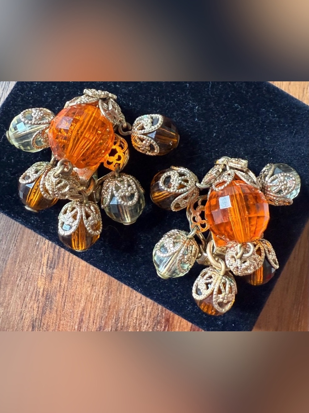 VTG Rare Napier Orange and Gold Earrings Filigree Balls